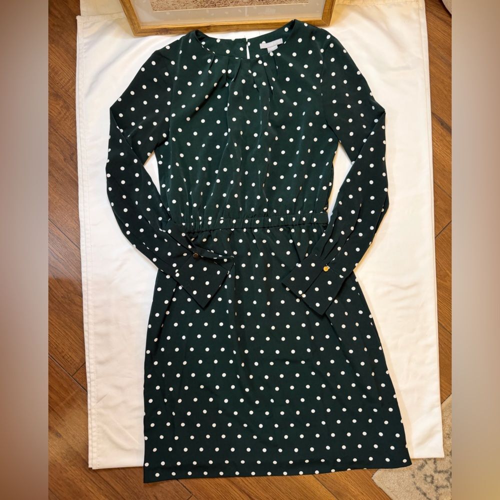 H&M size 8 dark green polka dot long sleeve midi dress